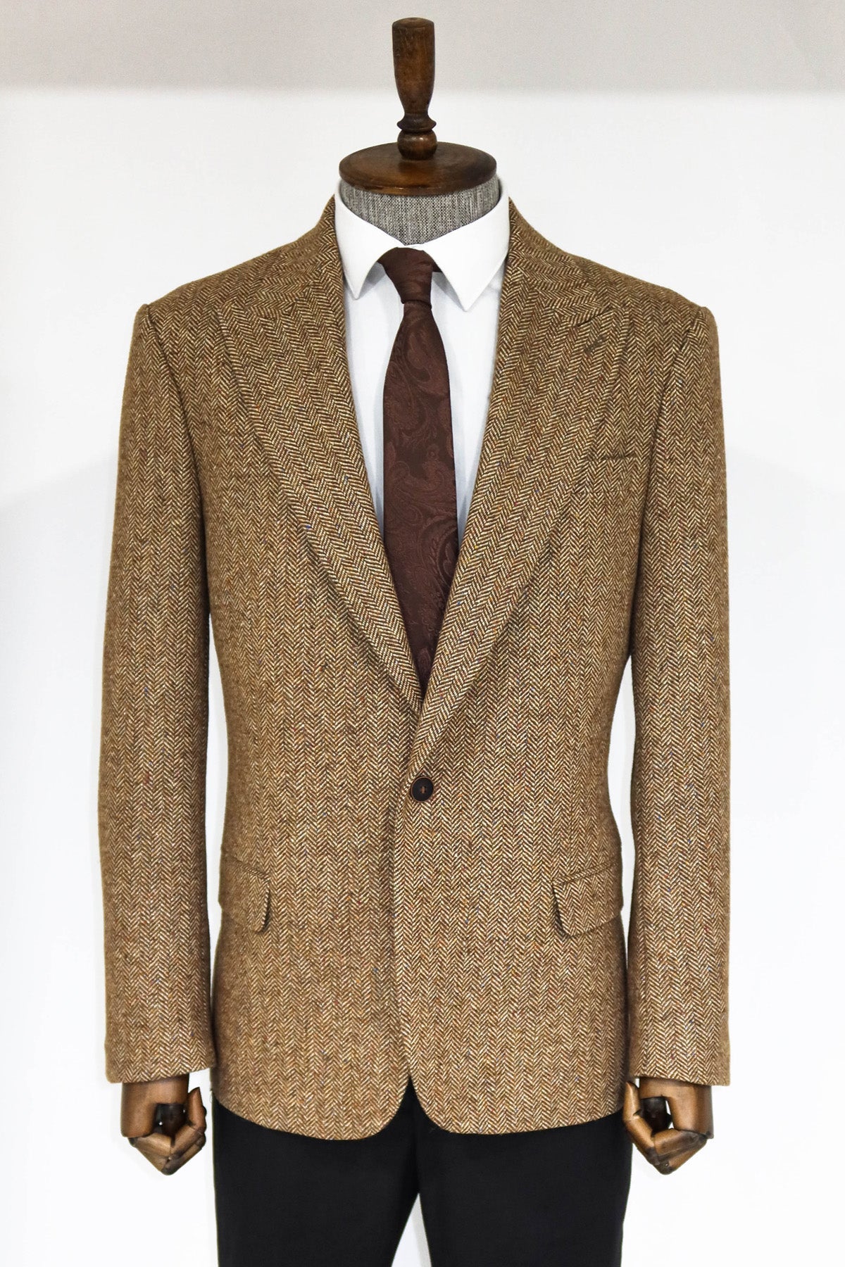 Houndstooth Pattern Wool Light Brown Men Blazer and Trousers Combunation