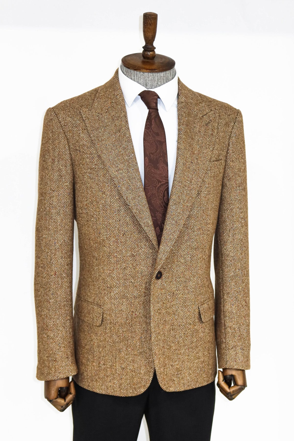Houndstooth Pattern Wool Light Brown Men Blazer and Trousers Combunation
