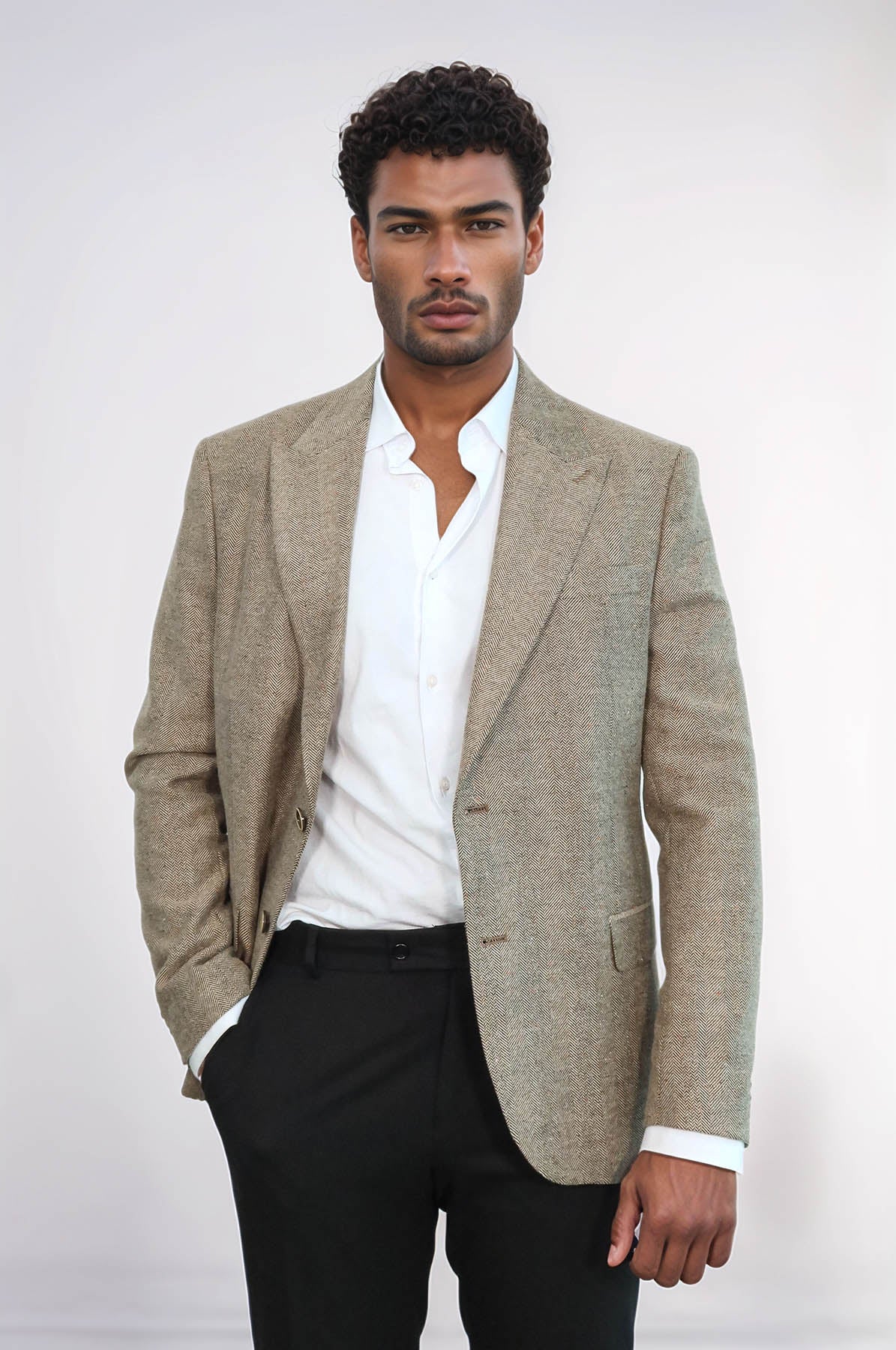 KOALA SYDNEY Houndstooth Pattern Wool Cream Men Blazer