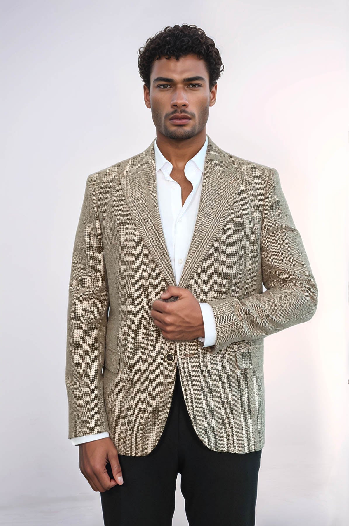 KOALA SYDNEY Houndstooth Pattern Wool Cream Men Blazer