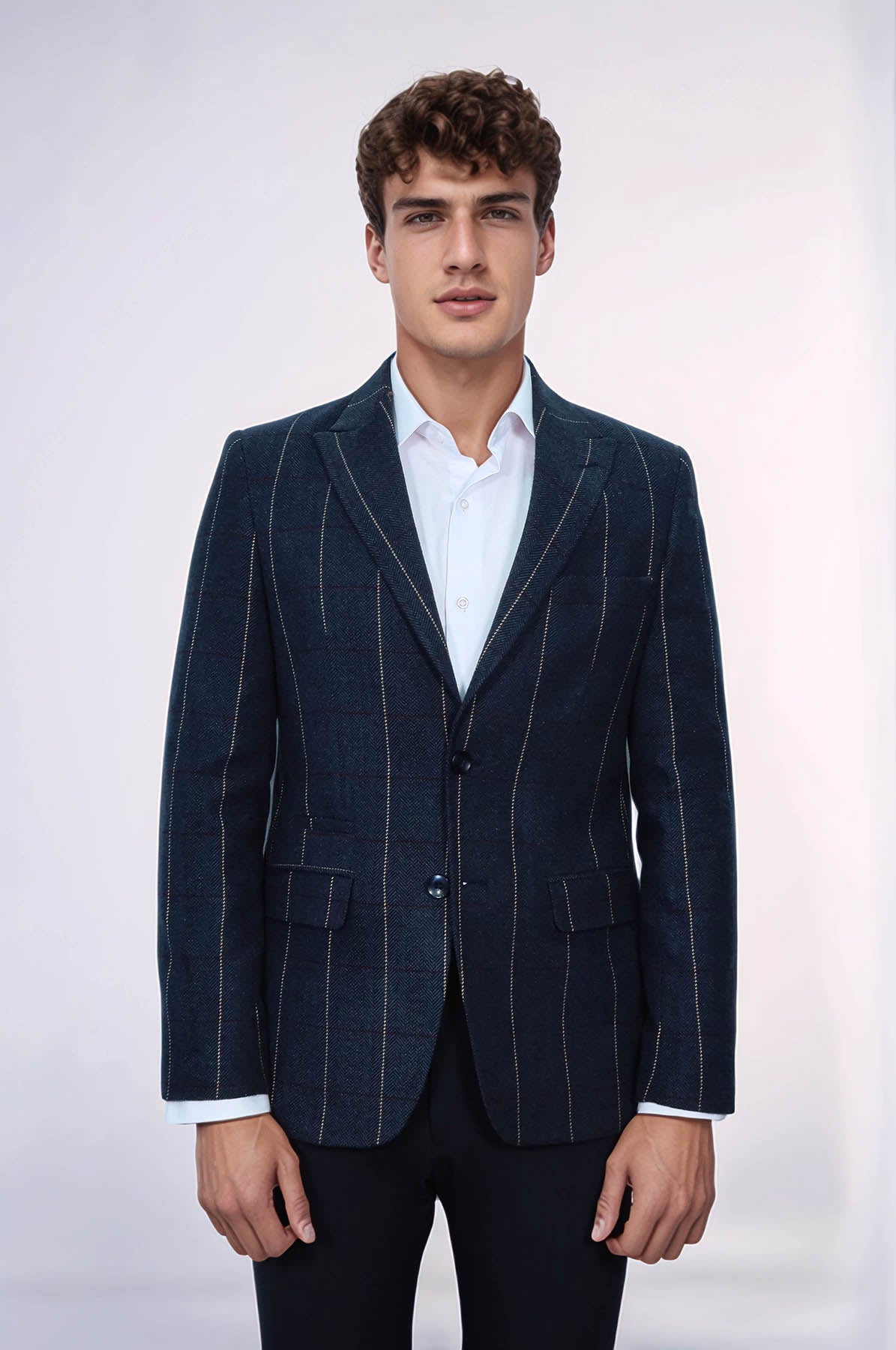 Checked Navy Blue Slim-Fit Blazer