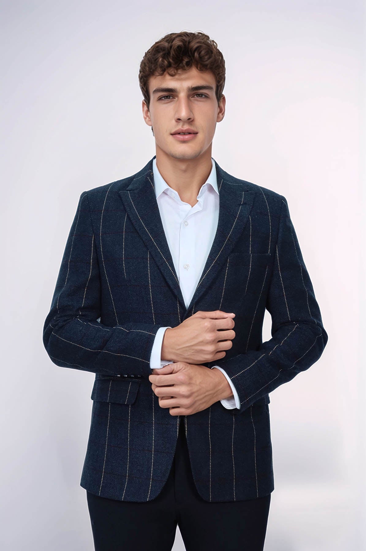 Checked Navy Blue Slim-Fit Blazer