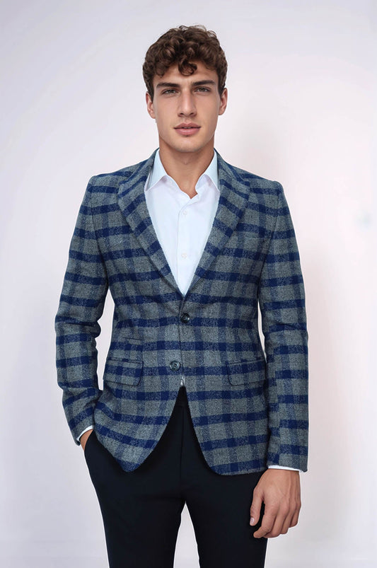 Checked Peak Lapel Slim-Fit Blue Men Blazer