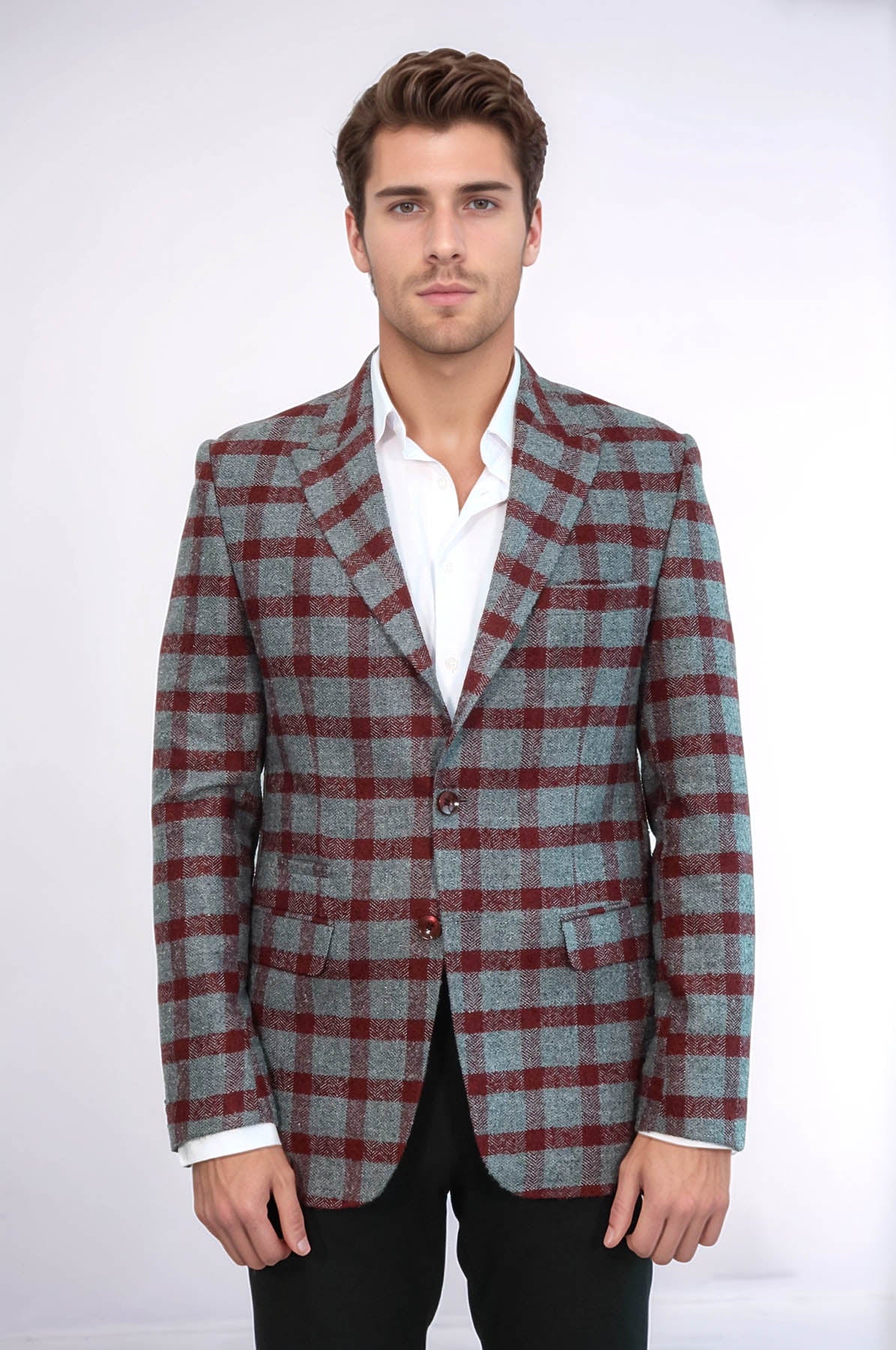 Checked Peak Lapel Slim-Fit Burgundy Men Blazer - Wessi