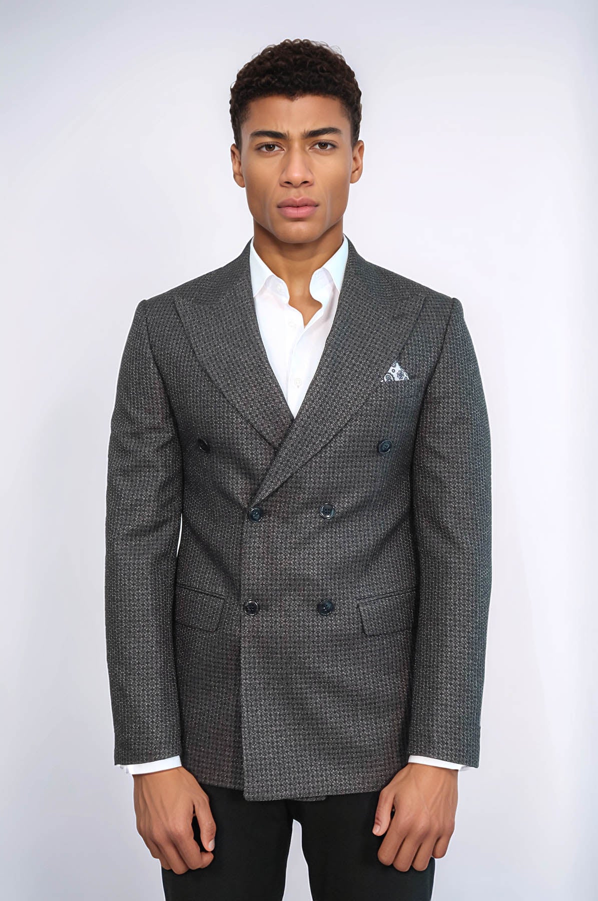 Houndstooth Patterned Grey Men Double Breasted Blazer - Wessi