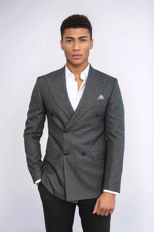 Houndstooth Patterned Grey Men Double Breasted Blazer