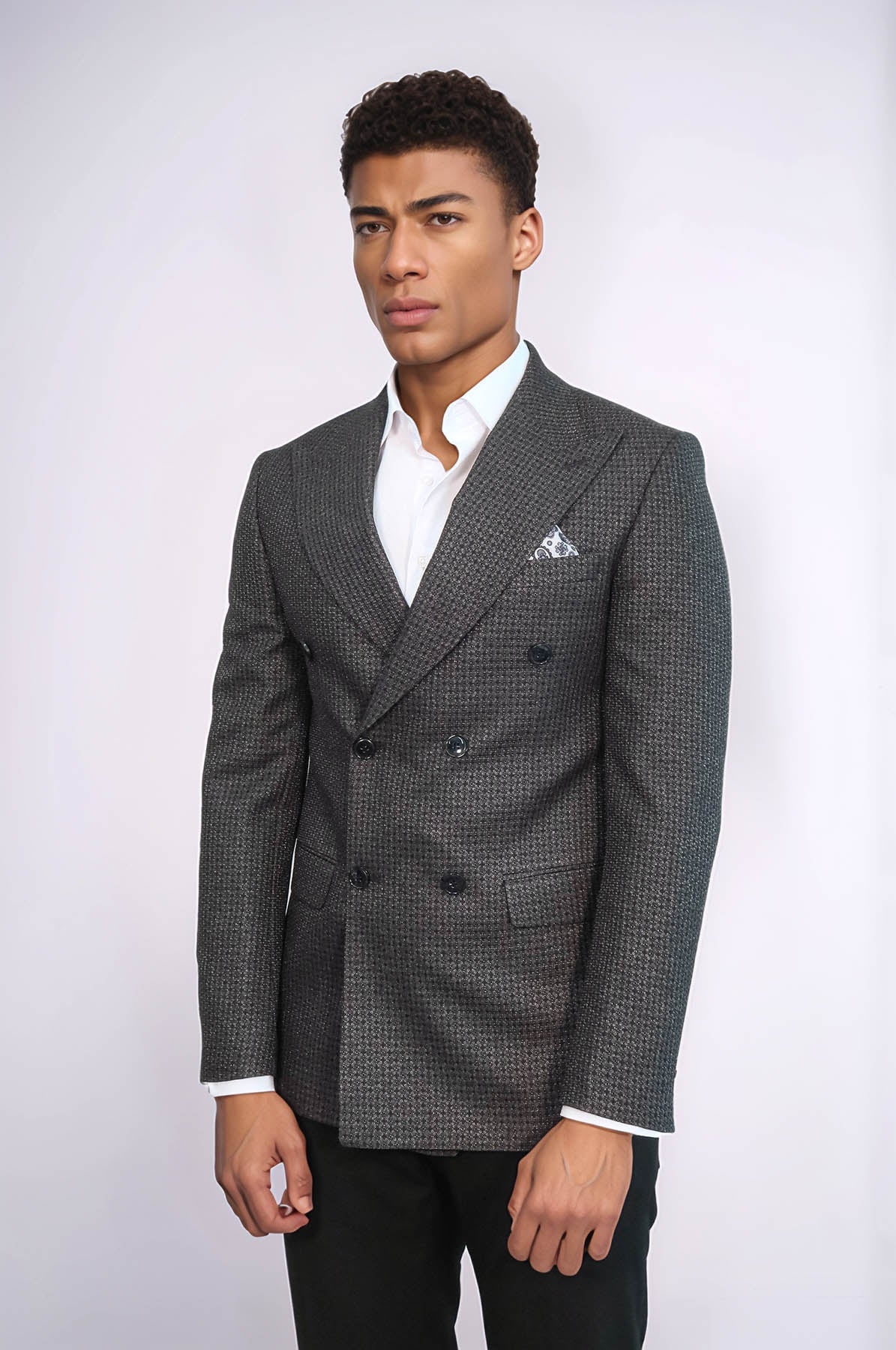 Houndstooth Patterned Grey Men Double Breasted Blazer - Wessi
