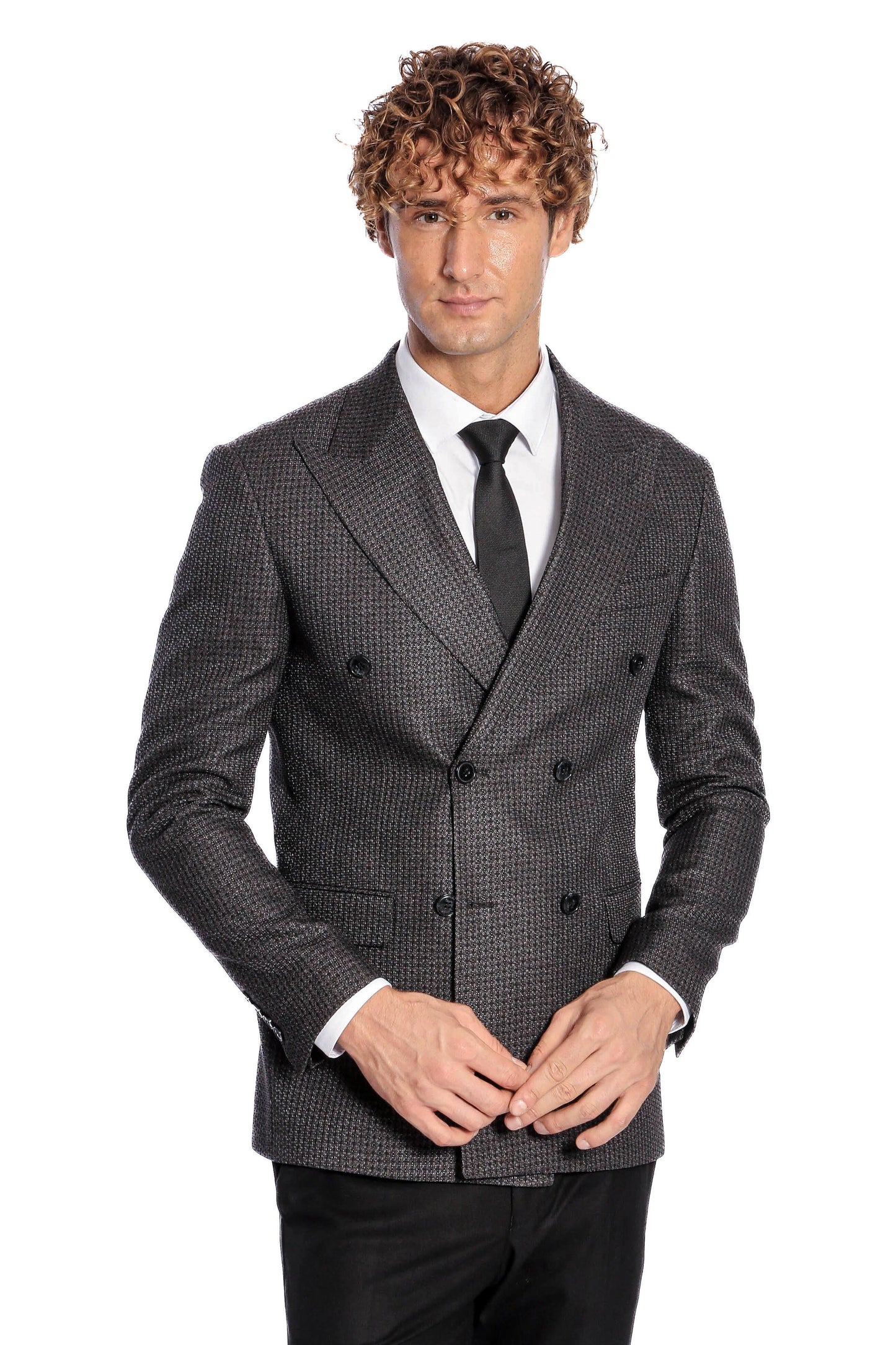 Gray Double-Breasted Jacket, Black Turtleneck Knitwear, and Gray Trousers Look Winter Elegance Style