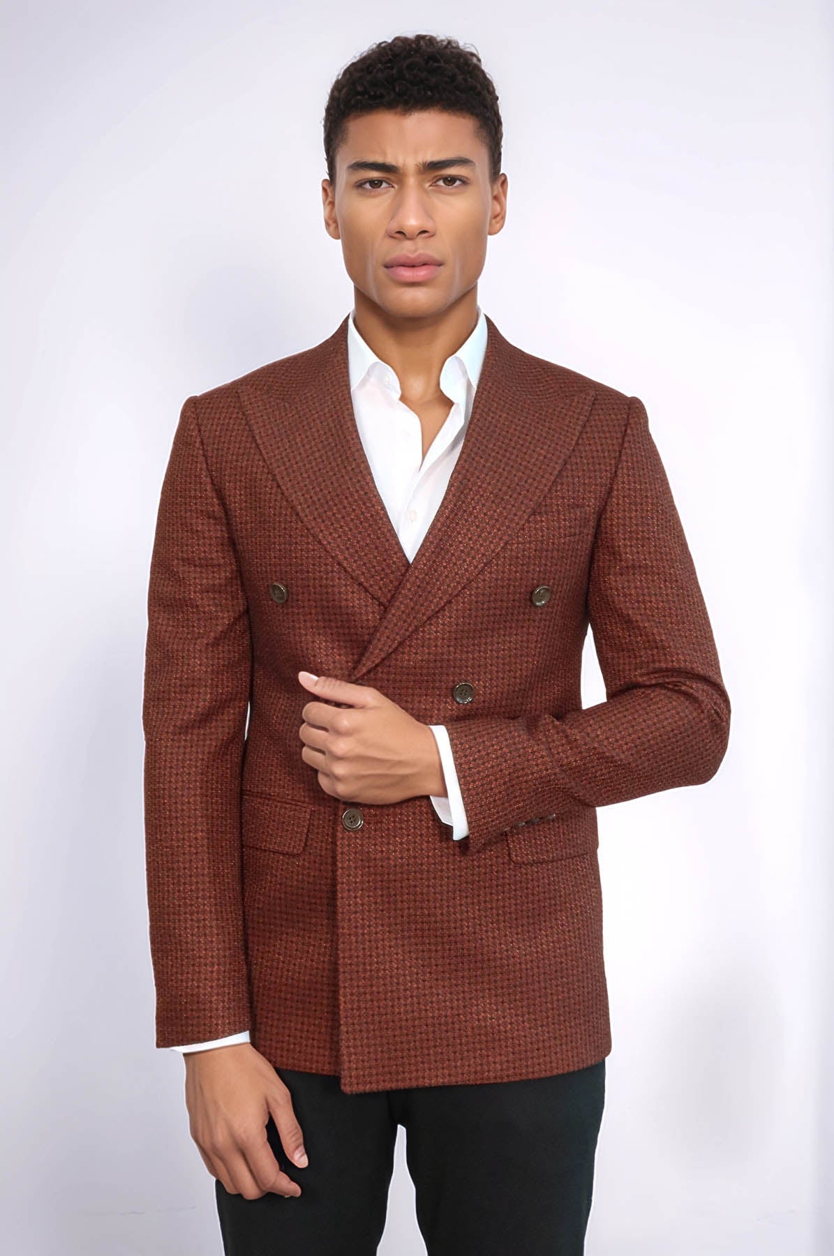 Houndstooth Patterned Brown Men Double Breasted Blazer - Wessi