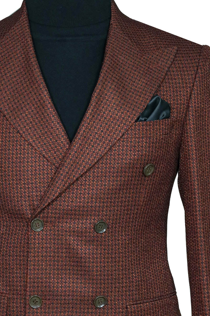 Brown Patterned Double-Breasted Jacket, Black Turtleneck Knitwear, and Trousers Look Winter Elegance Style