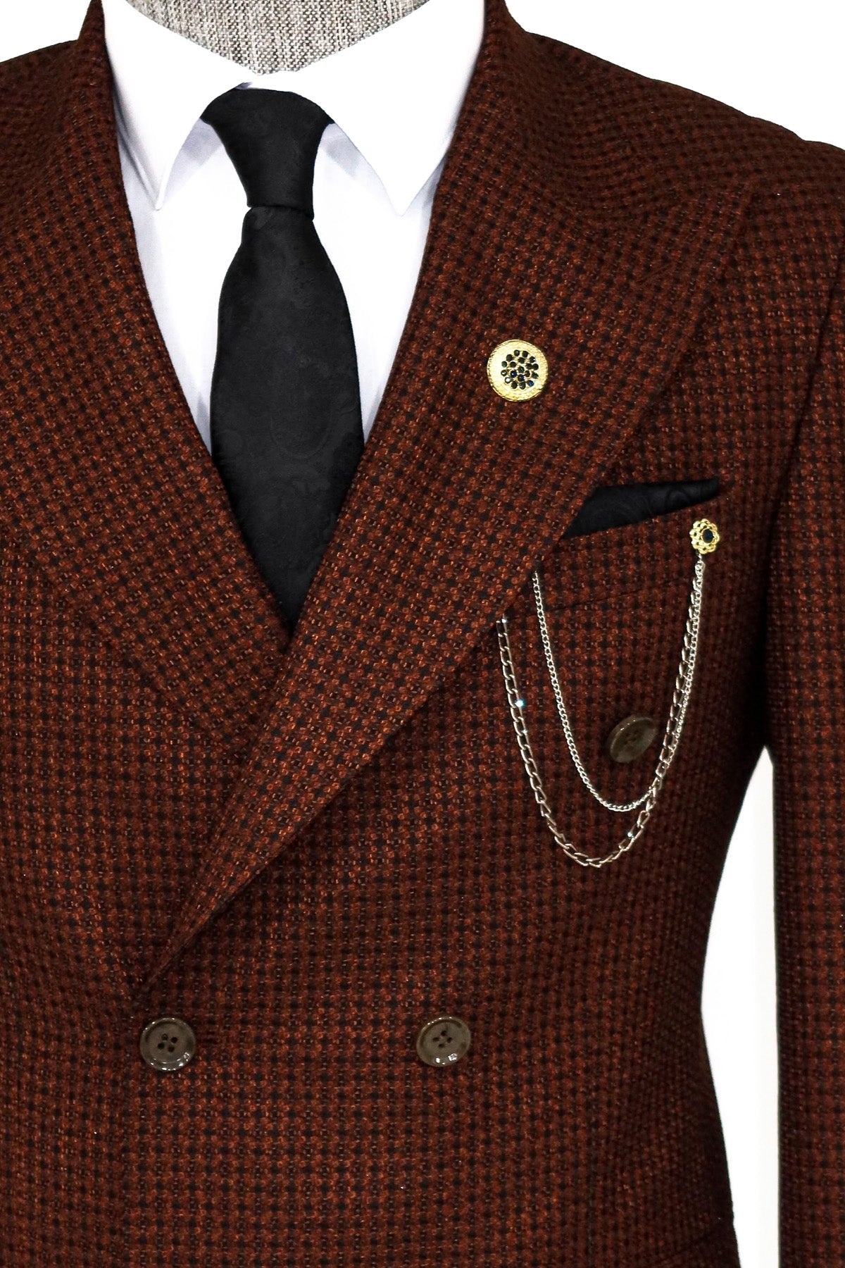 KOALA SYDNEY Houndstooth Patterned Brown Men Double Breasted Blazer and Trousers Combination