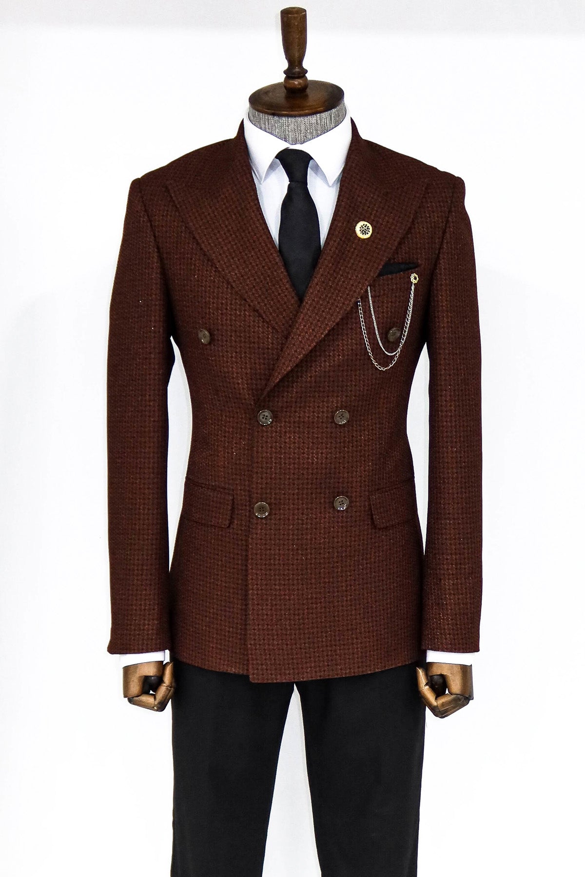 KOALA SYDNEY Houndstooth Patterned Brown Men Double Breasted Blazer and Trousers Combination