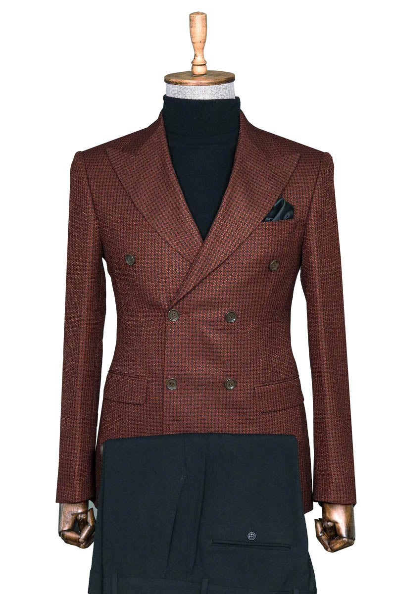 Brown Patterned Double-Breasted Jacket, Black Turtleneck Knitwear, and Trousers Look Winter Elegance Style