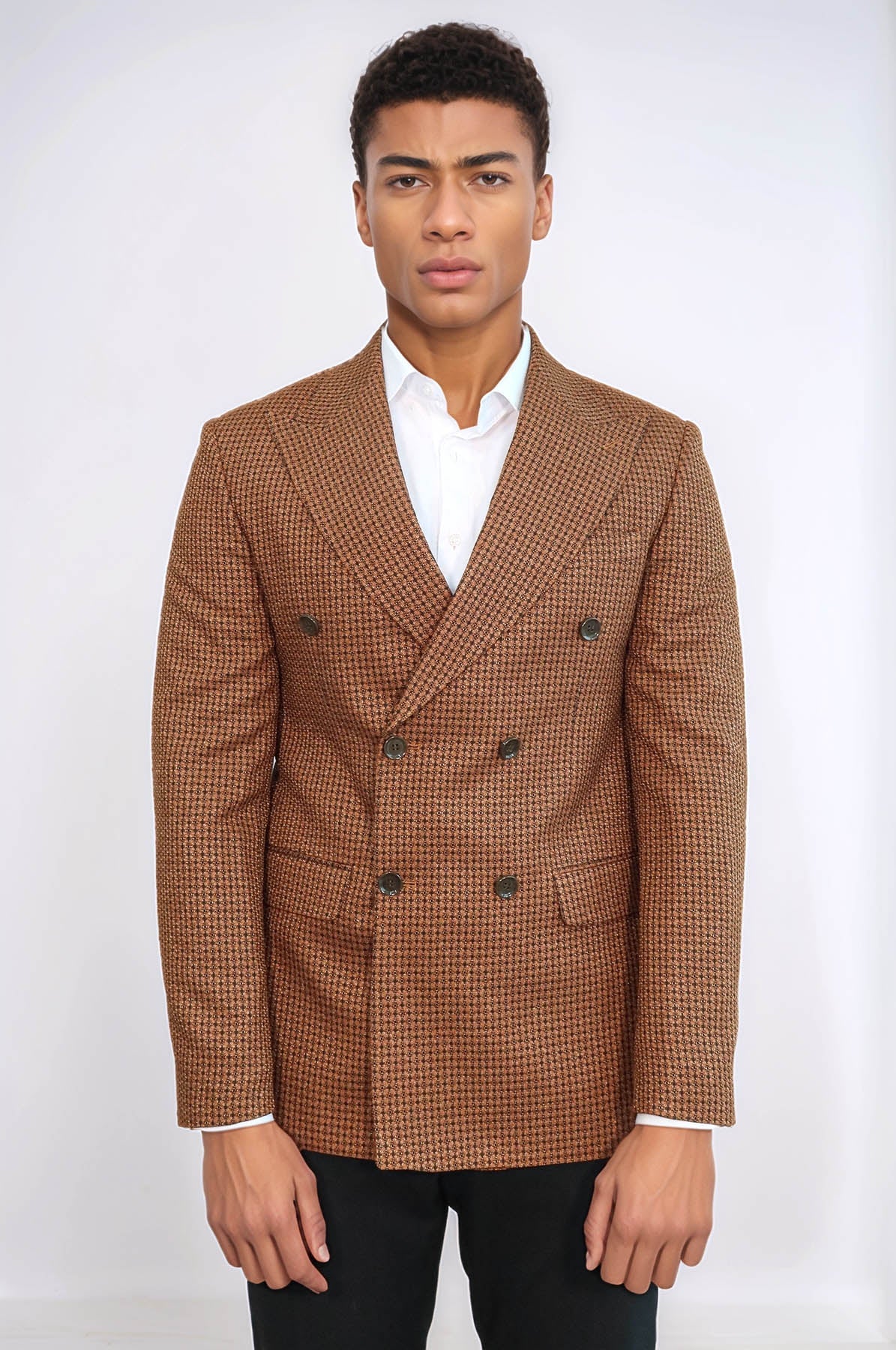 Houndstooth Patterned Tawny Men Double Breasted Blazer - Wessi
