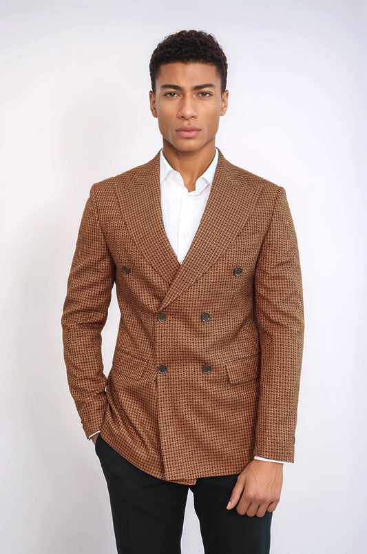 Houndstooth Patterned Tawny Men Double Breasted Blazer