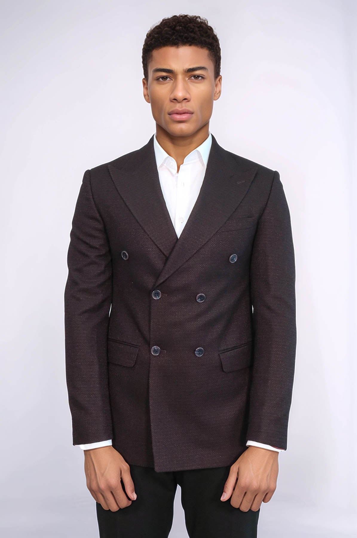 Houndstooth Patterned Burgundy Men Double Breasted Blazer - Wessi