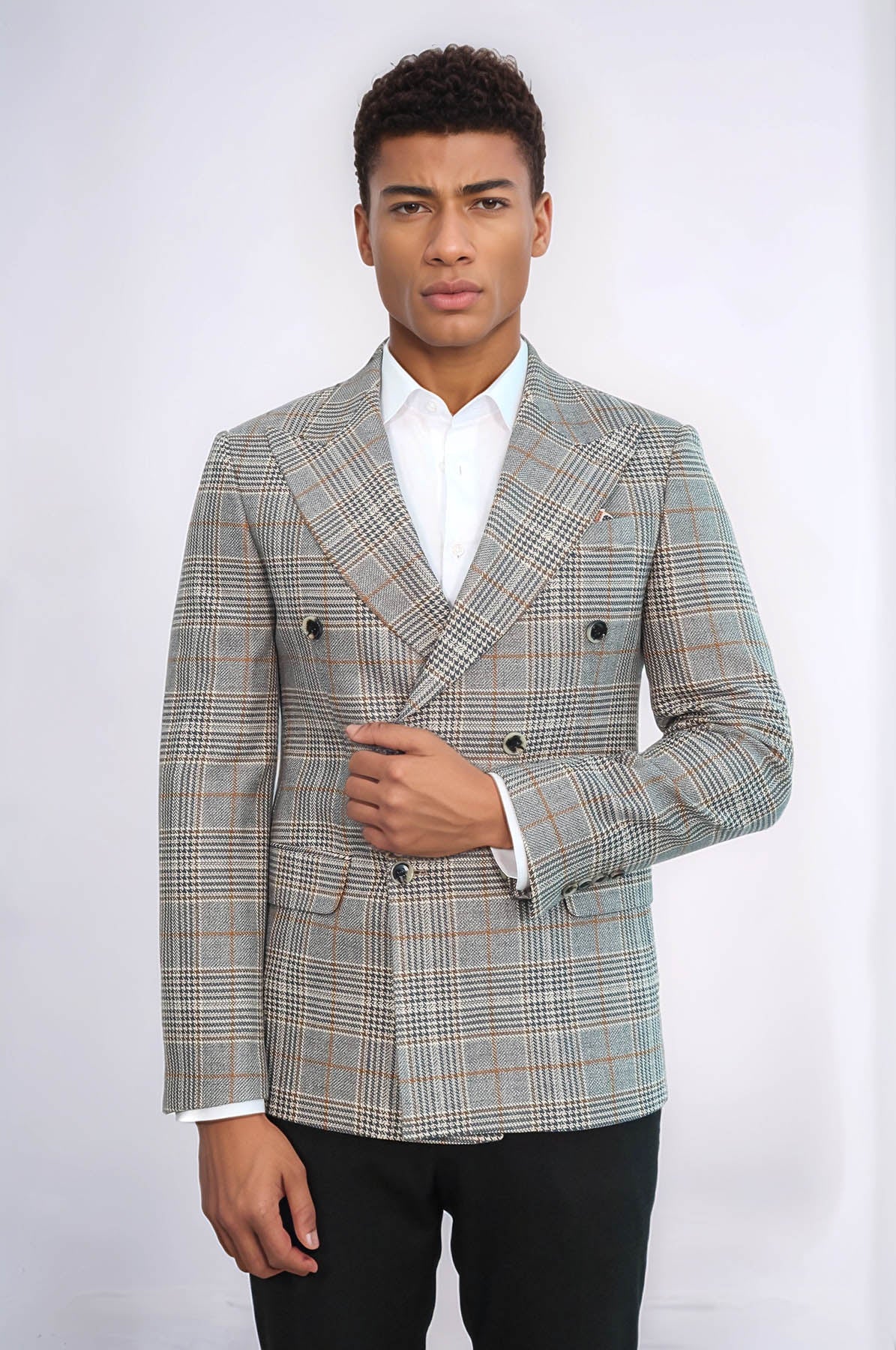 Double Breasted Checked Anthracite Men Blazer - Wessi