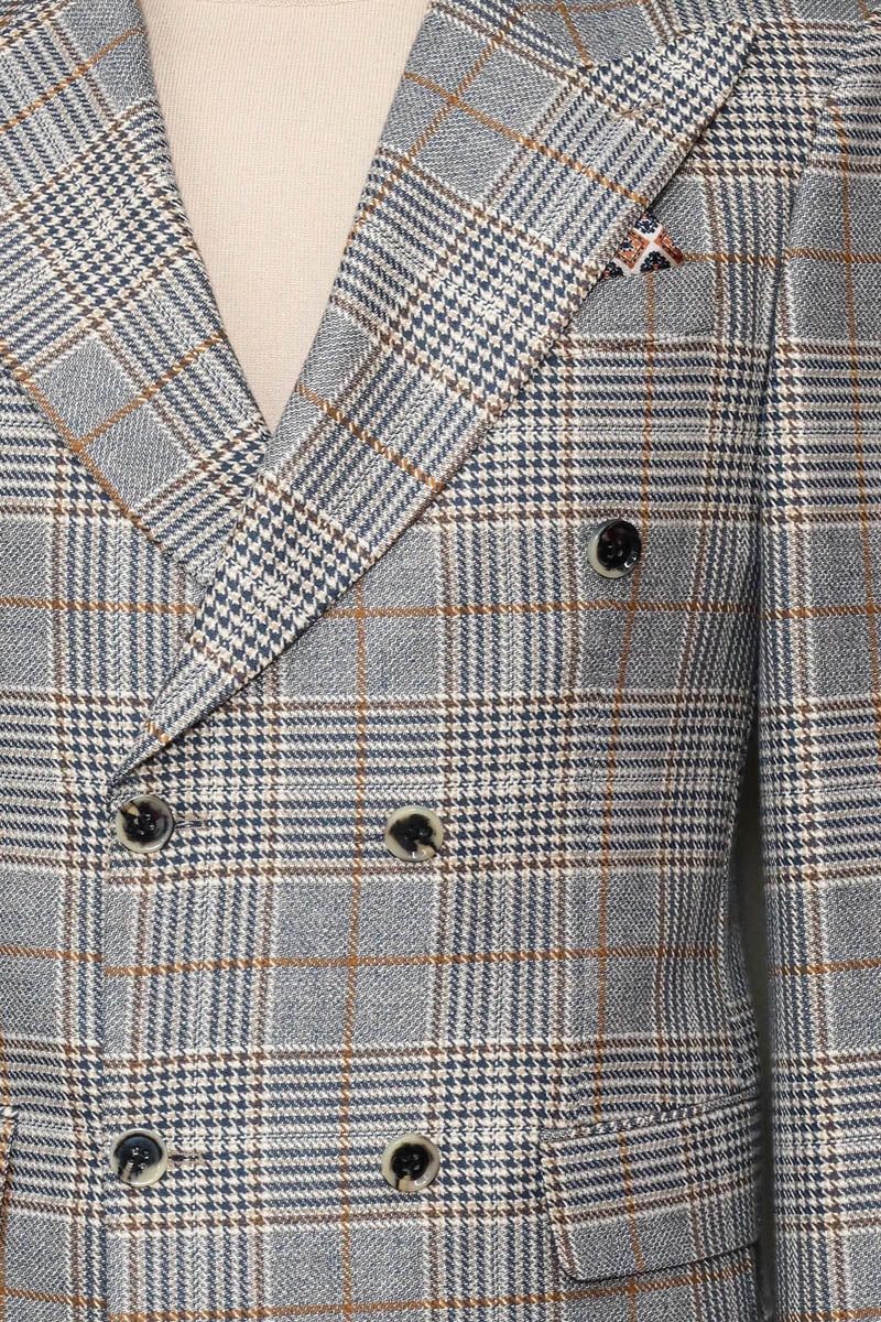 Grey Checked Double-Breasted Jacket, Brown Trousers, Cream Knitwear, and Hat Look - Timeless Modern Style