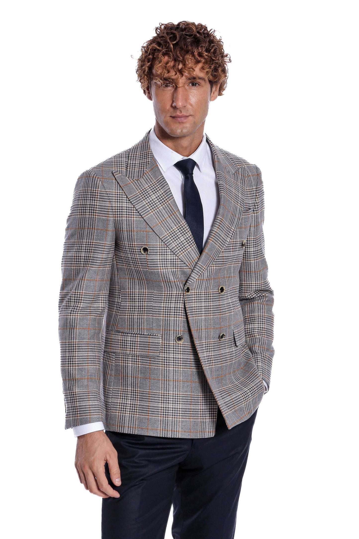 Grey Checked Double-Breasted Jacket, Brown Trousers, Cream Knitwear, and Hat Look - Timeless Modern Style