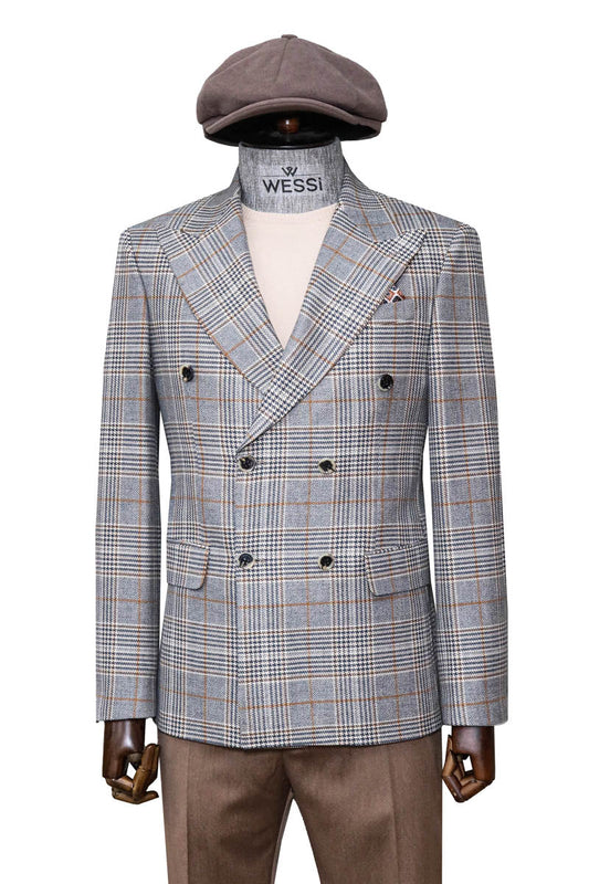 Grey Checked Double-Breasted Jacket, Brown Trousers, Cream Knitwear, and Hat Look - Timeless Modern Style