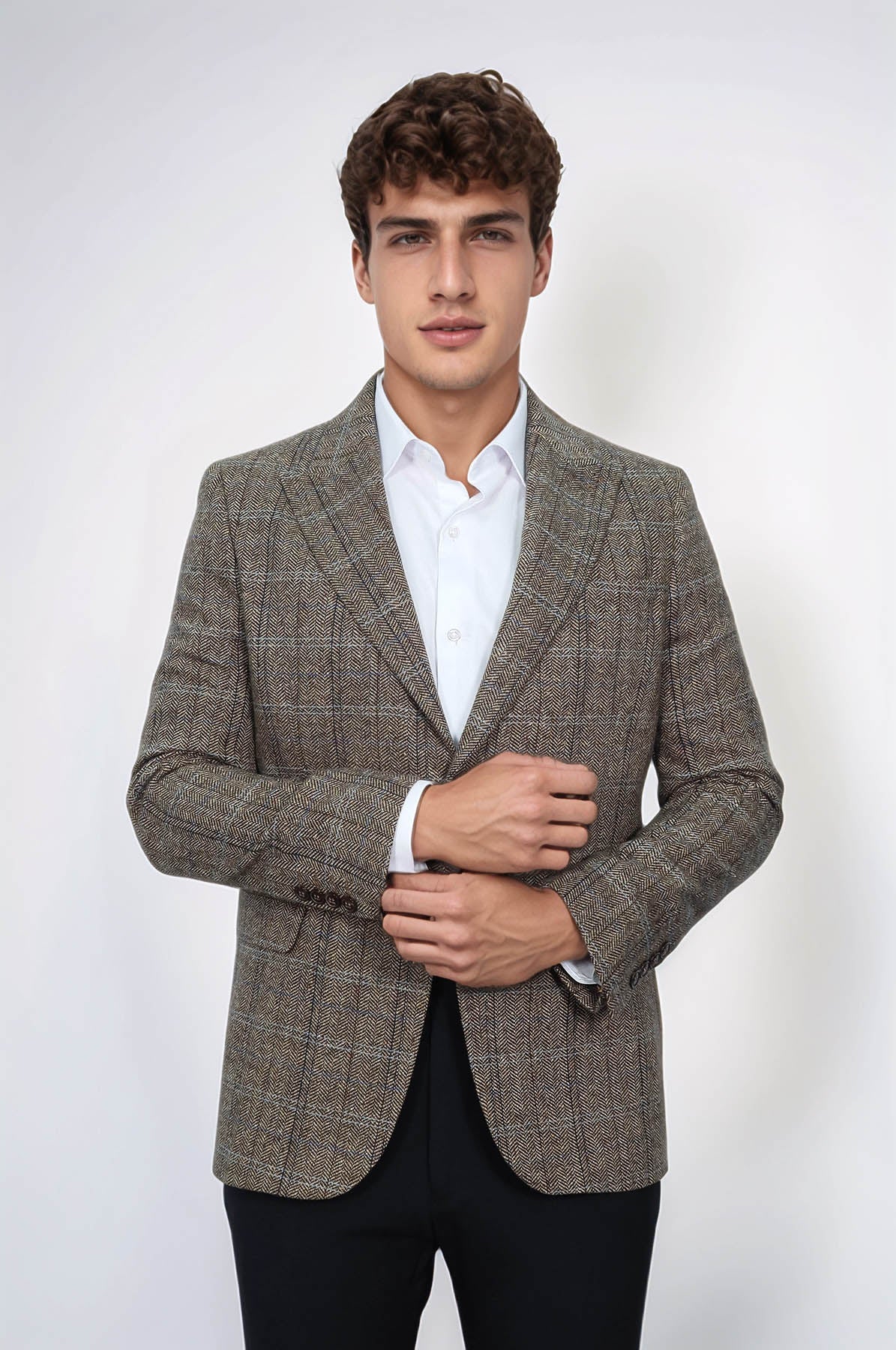 KOALA SYDNEY Herringbone Slim Fit Wool Brown Men Blazer