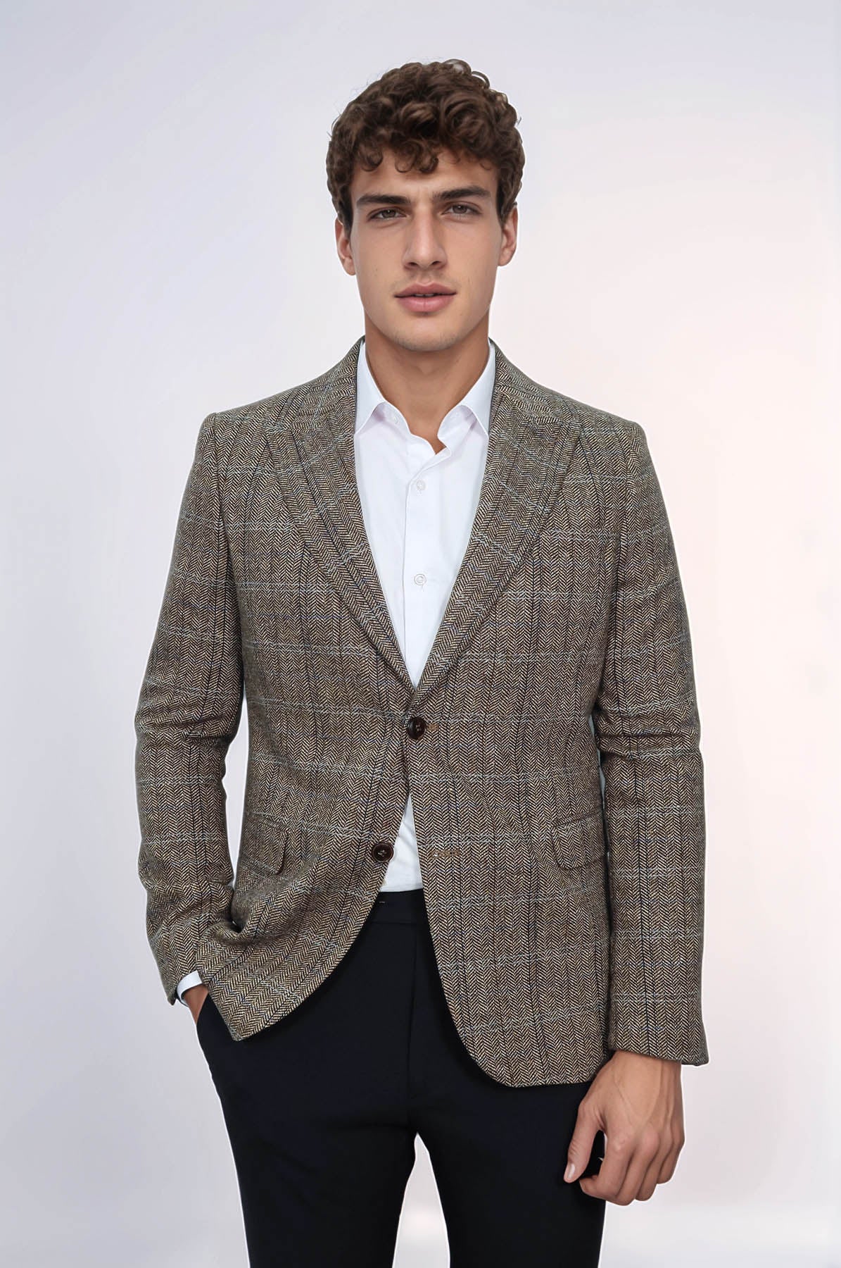 KOALA SYDNEY Herringbone Slim Fit Wool Brown Men Blazer