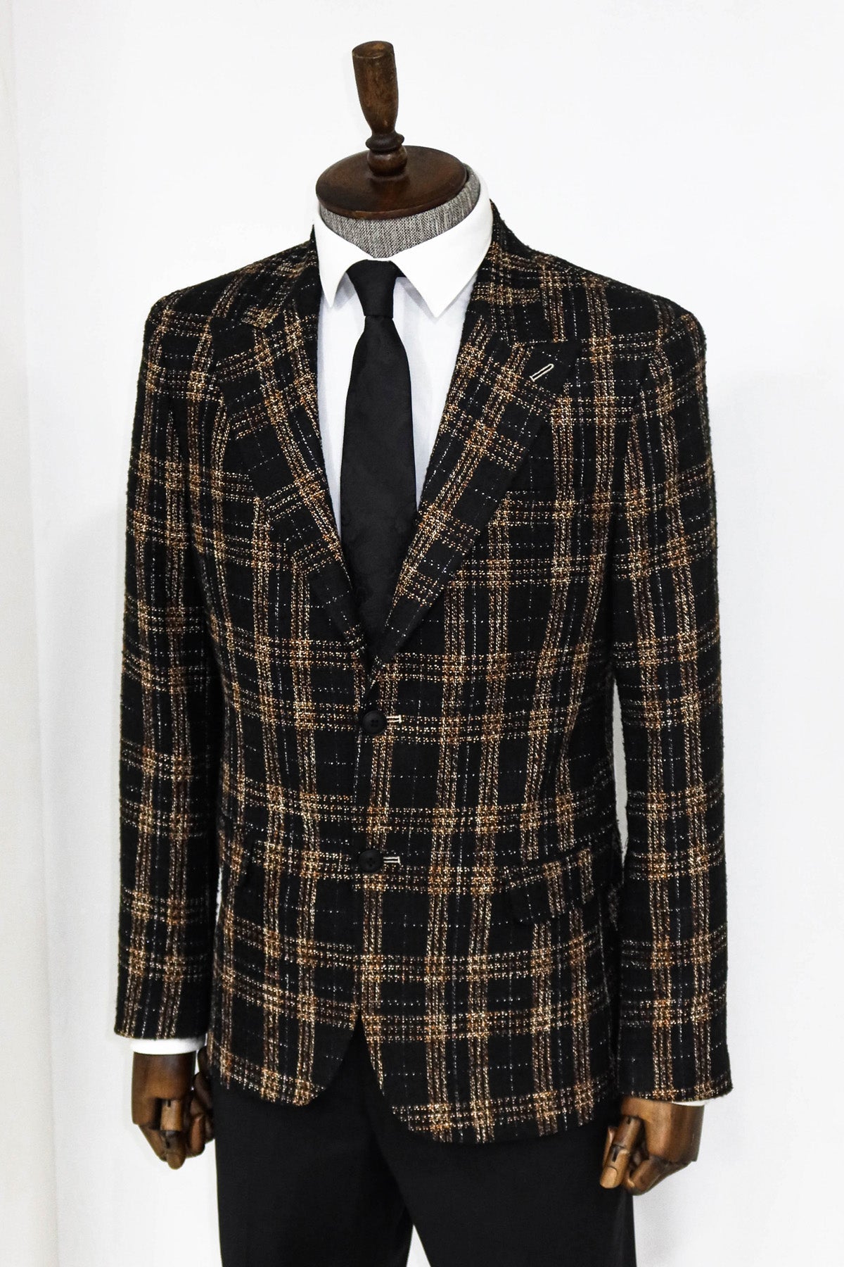 Plaid Slim Fit Black Men Blazer and Trousers Combination