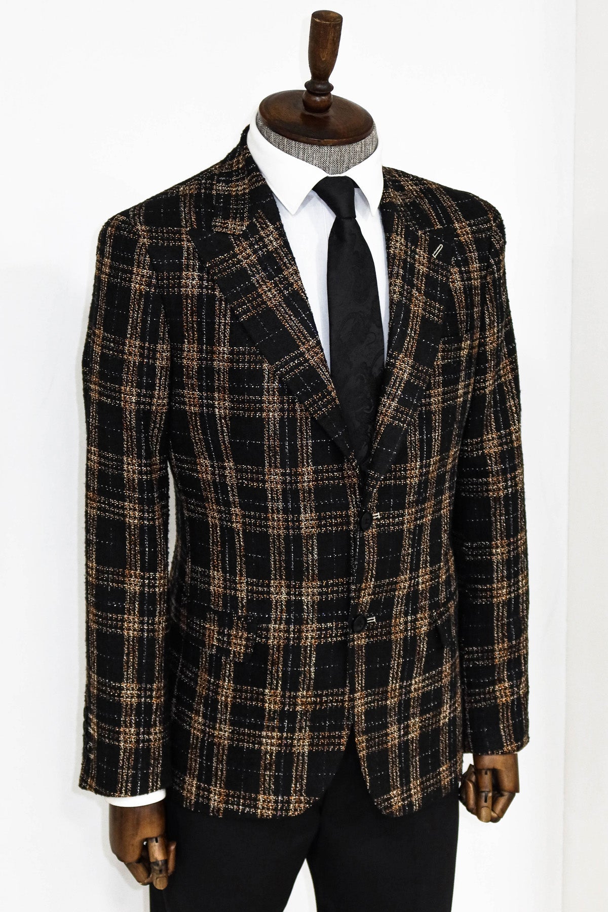 Plaid Slim Fit Black Men Blazer and Trousers Combination