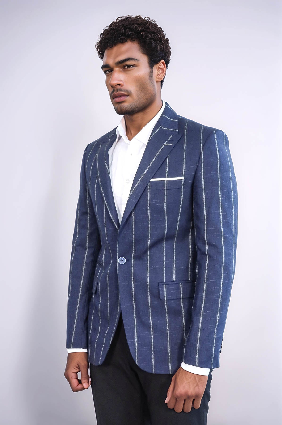 Striped Slim-Fit Navy Blue Men Blazer - Wessi