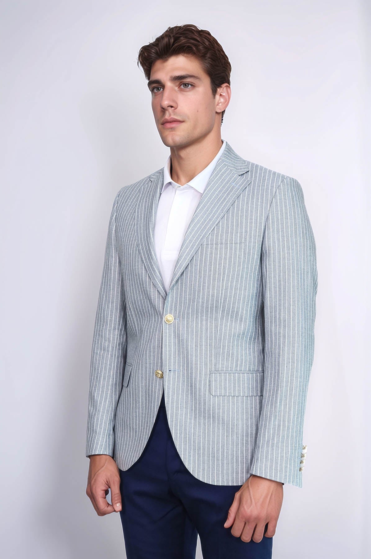 KOALA SYDNEY Light Blue Striped Linen Gold Metal Button Slim Fit Men's Blazer Jacket