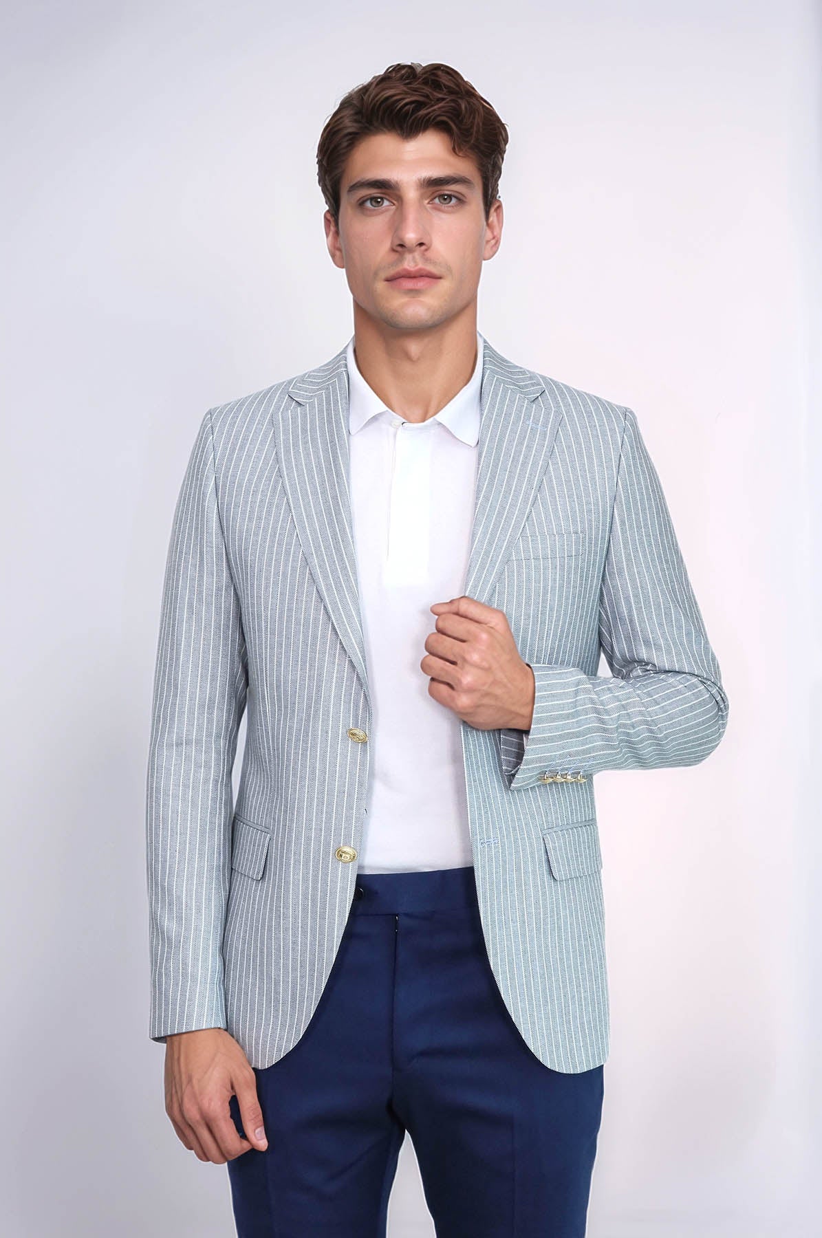 KOALA SYDNEY Light Blue Striped Linen Gold Metal Button Slim Fit Men's Blazer Jacket
