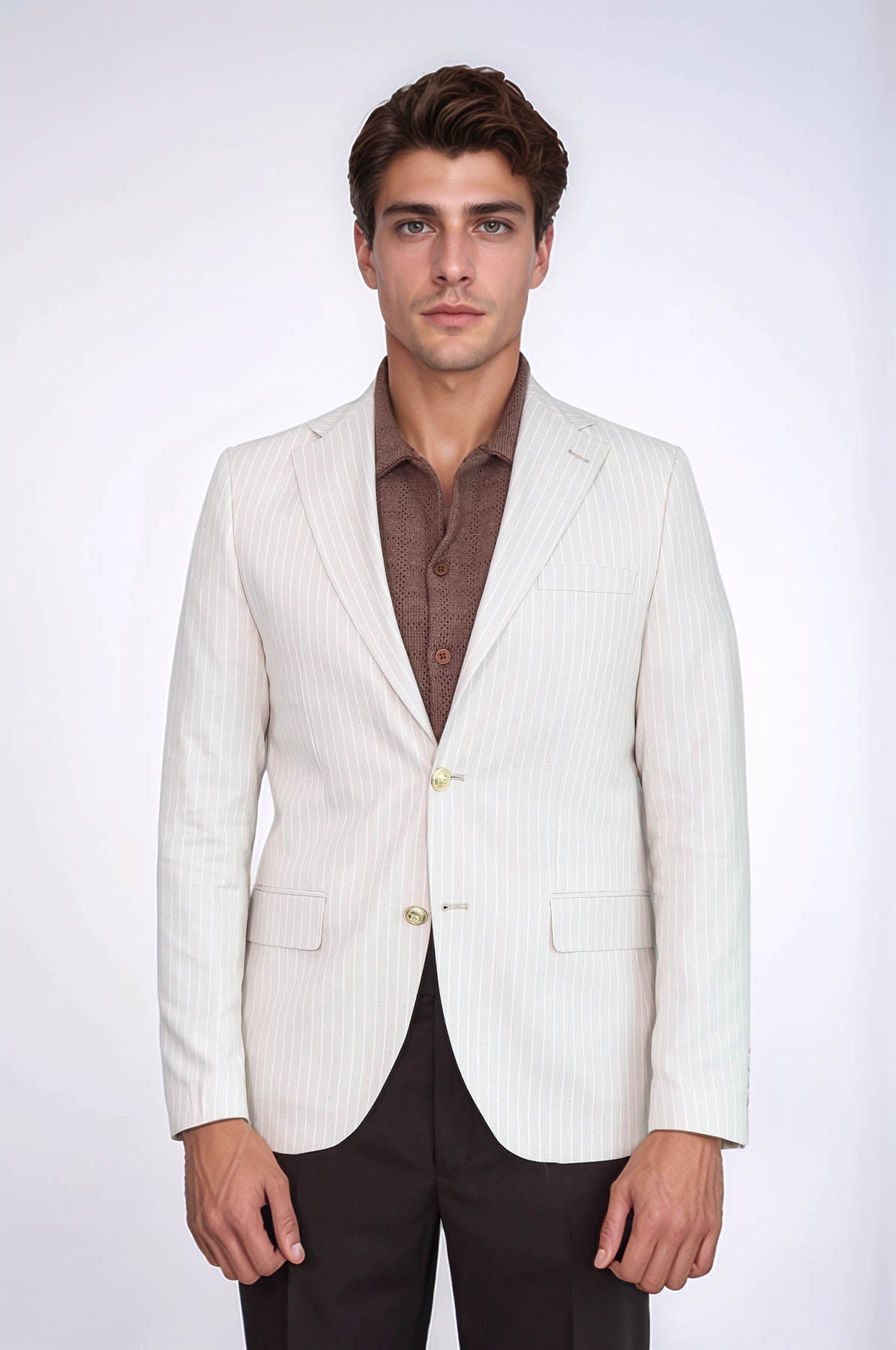 KOALA SYDNEY Cream Striped Linen Gold Metal Button Slim Fit Men's Blazer Jacket