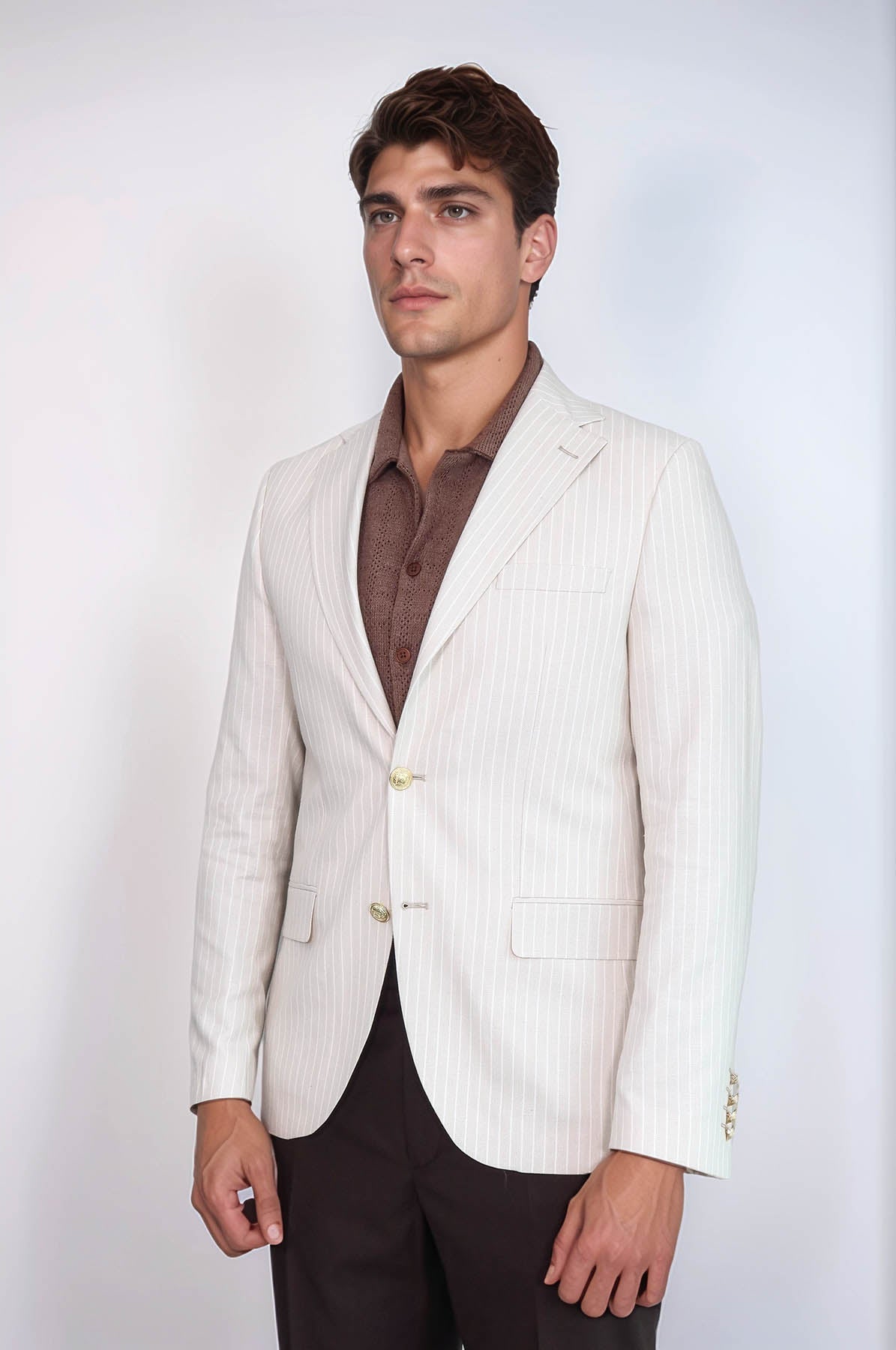 KOALA SYDNEY Cream Striped Linen Gold Metal Button Slim Fit Men's Blazer Jacket