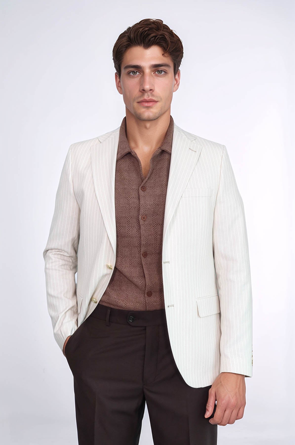 KOALA SYDNEY Cream Striped Linen Gold Metal Button Slim Fit Men's Blazer Jacket