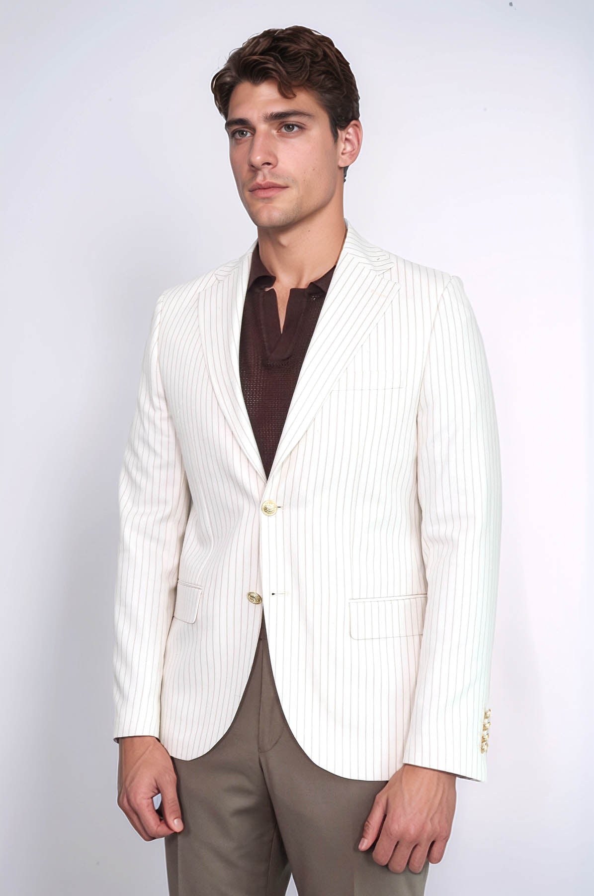 KOALA SYDNEY Ecru Striped Linen Gold Metal Button Slim Fit Men's Blazer Jacket