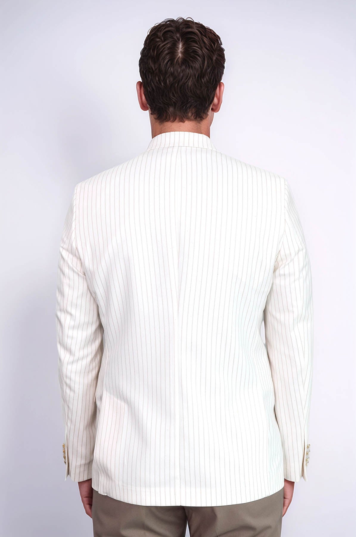 KOALA SYDNEY Ecru Striped Linen Gold Metal Button Slim Fit Men's Blazer Jacket