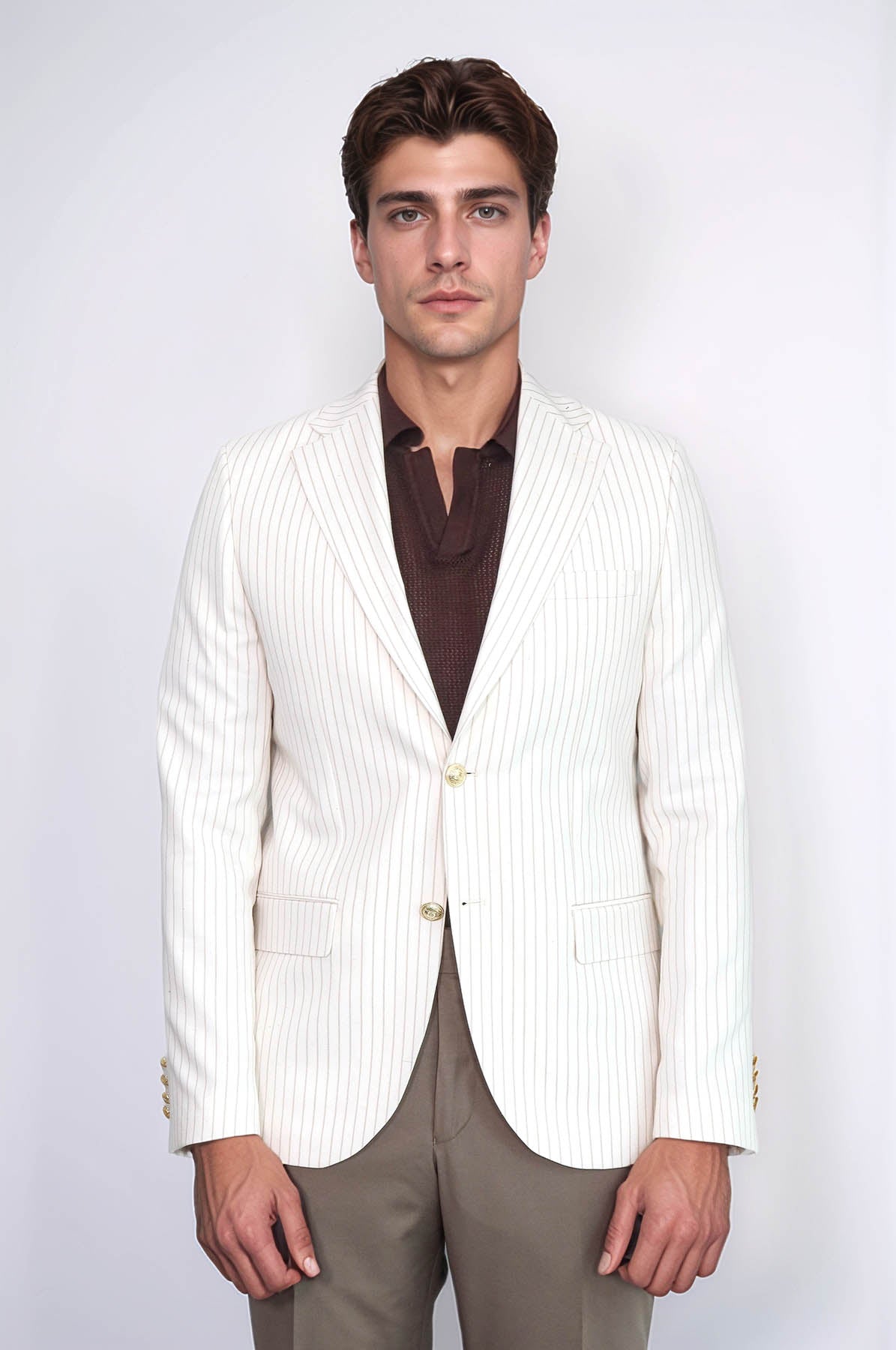 KOALA SYDNEY Ecru Striped Linen Gold Metal Button Slim Fit Men's Blazer Jacket