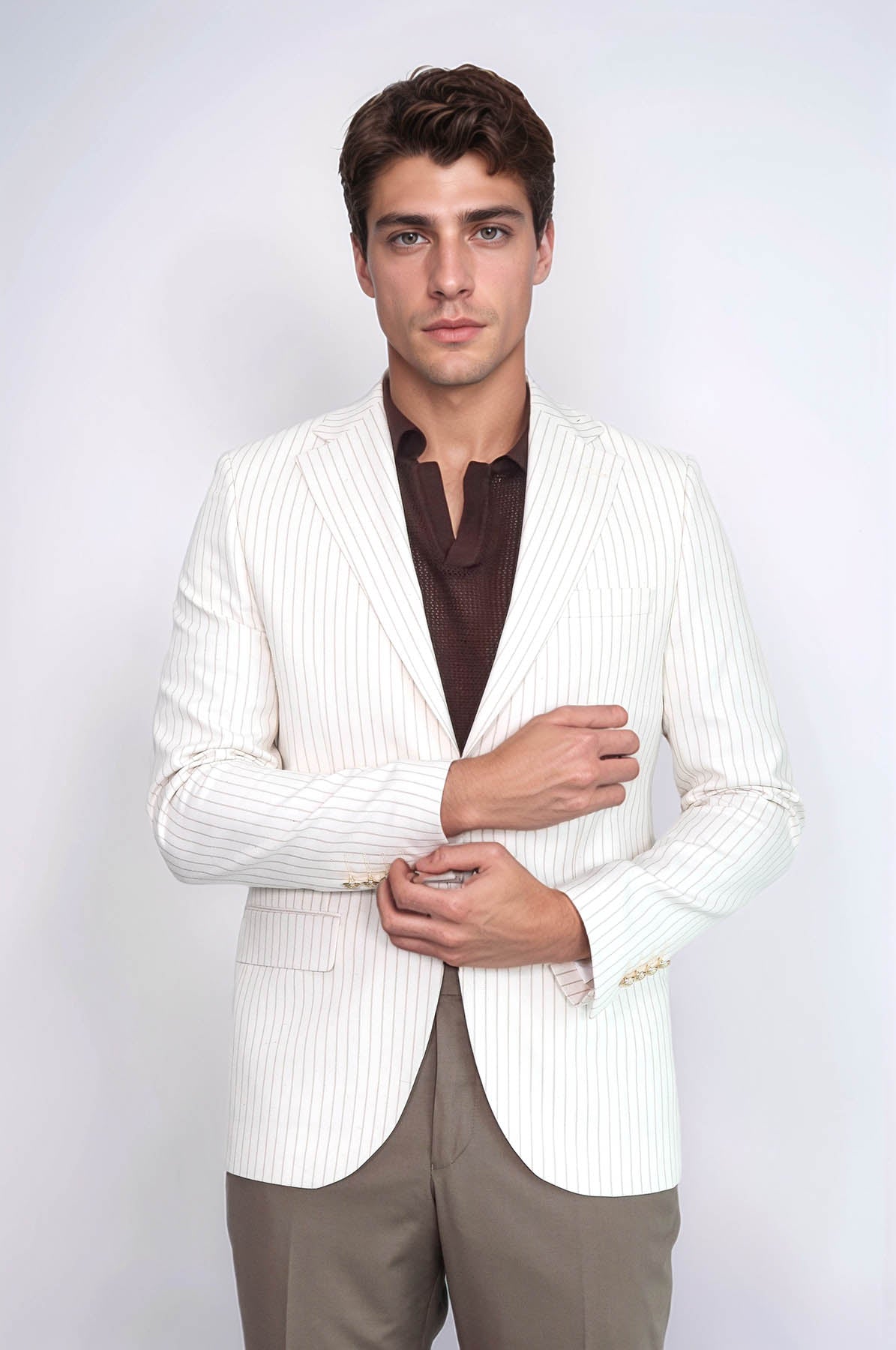 KOALA SYDNEY Ecru Striped Linen Gold Metal Button Slim Fit Men's Blazer Jacket