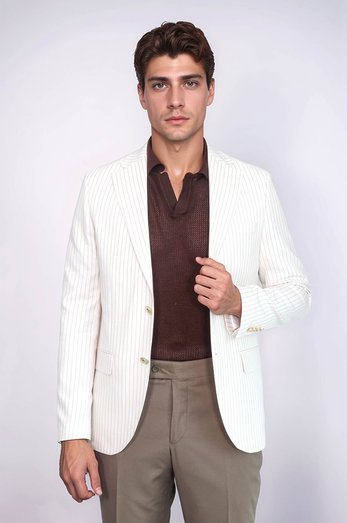 KOALA SYDNEY Ecru Striped Linen Gold Metal Button Slim Fit Men's Blazer Jacket