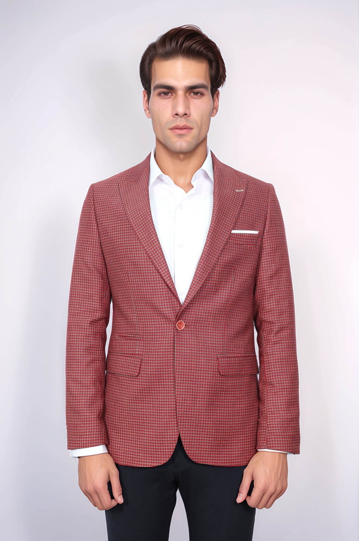 Patterned Claret Red Slim-Fit Blazer - Wessi
