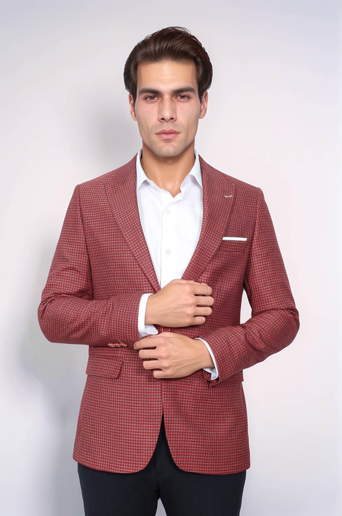 Patterned Claret Red Slim-Fit Blazer - Wessi