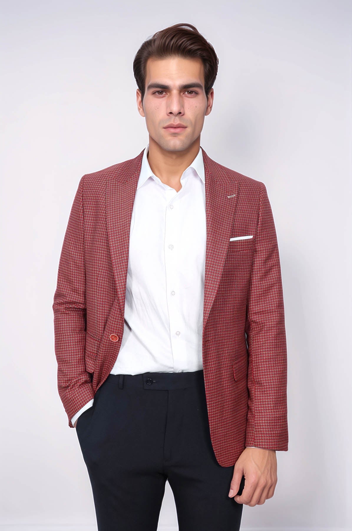 Patterned Claret Red Slim-Fit Blazer - Wessi