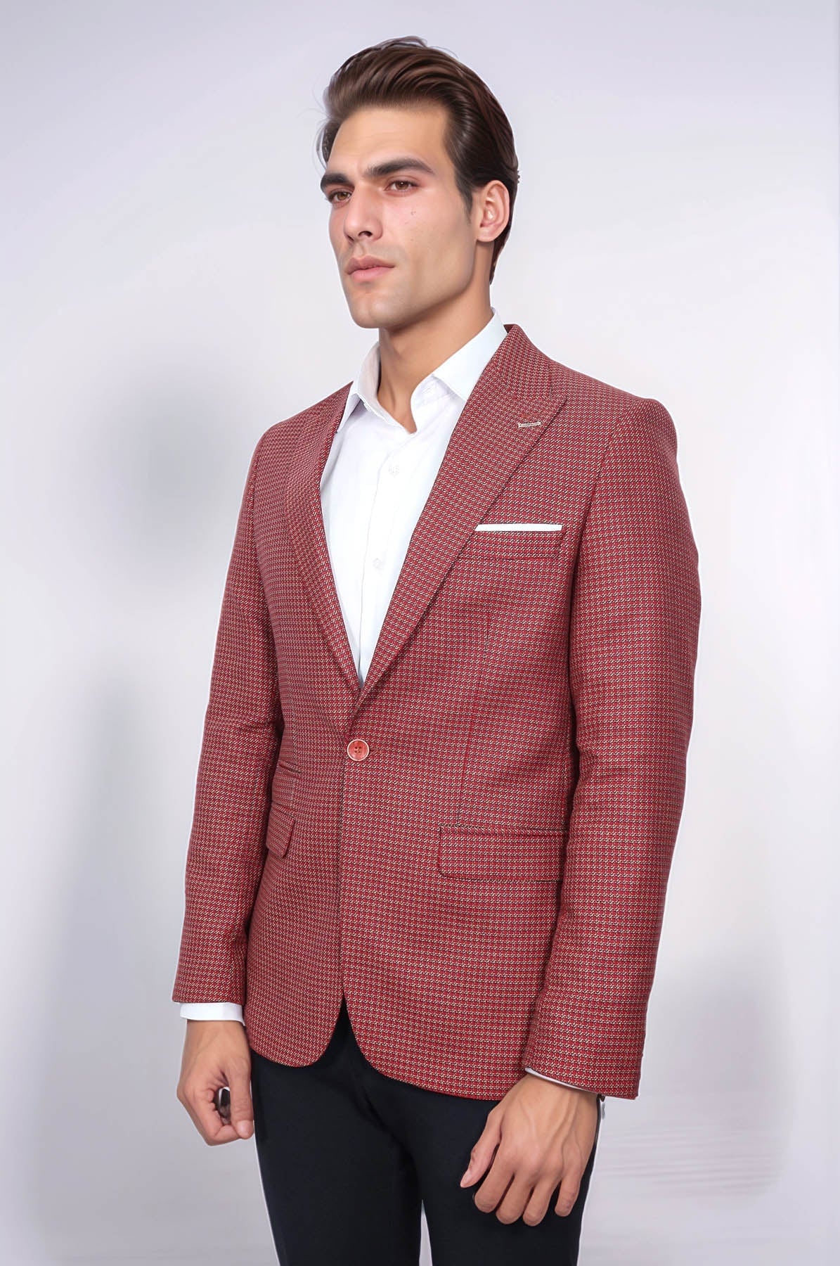 Patterned Claret Red Slim-Fit Blazer - Wessi