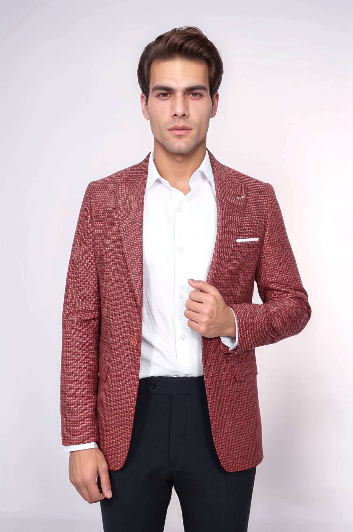 Patterned Claret Red Slim-Fit Blazer - Wessi