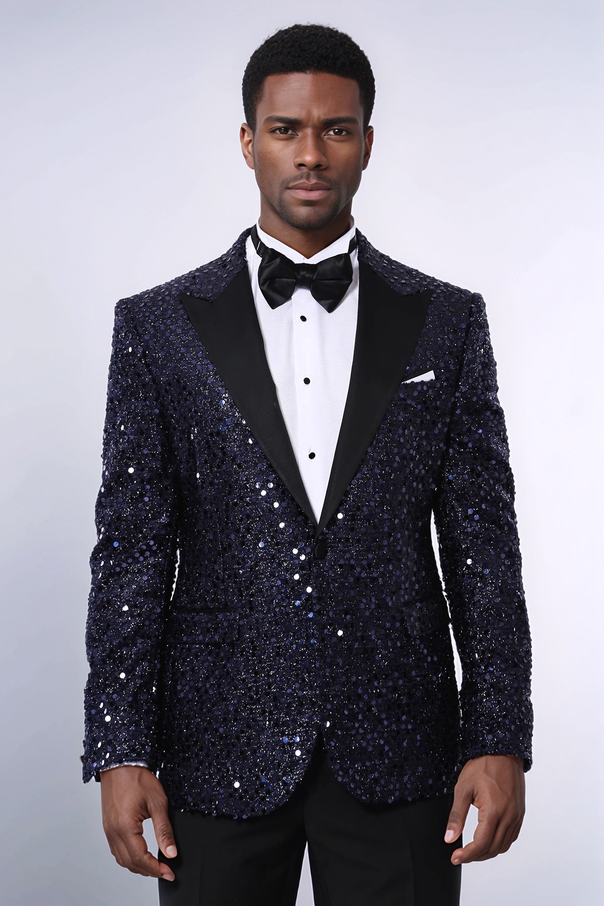 Navy Blue Sequin Patterned Party Blazer