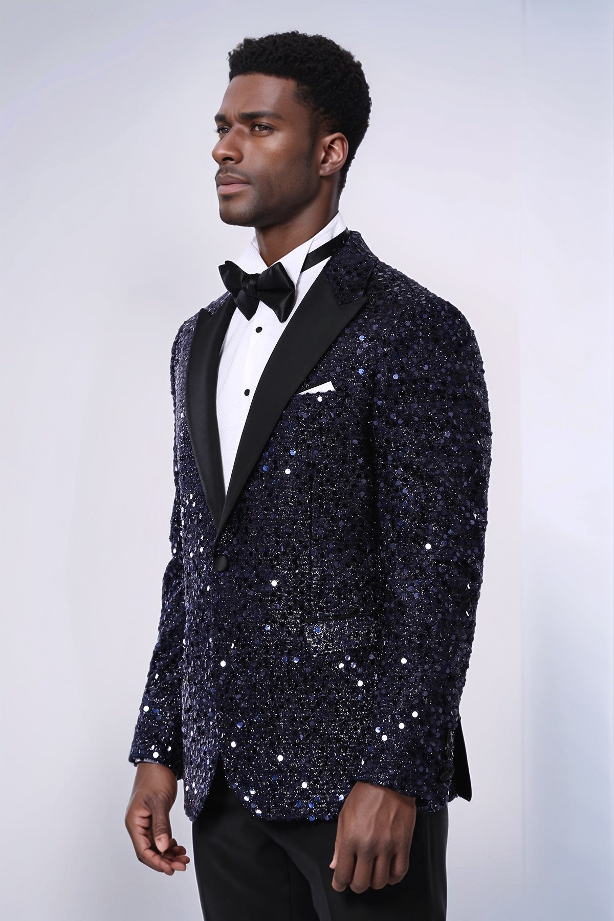 Navy Blue Sequin Patterned Party Blazer