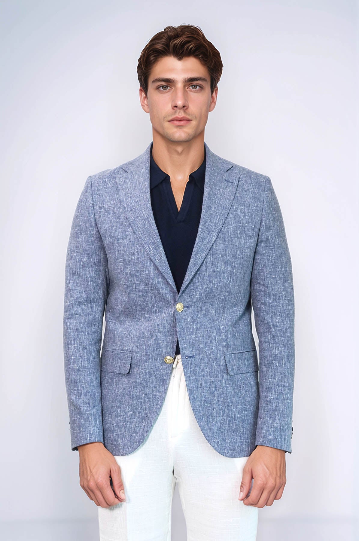 KOALA SYDNEY Dark Blue Textured Linen-Feel Gold Metal Button Slim Fit Men's Blazer Jacket