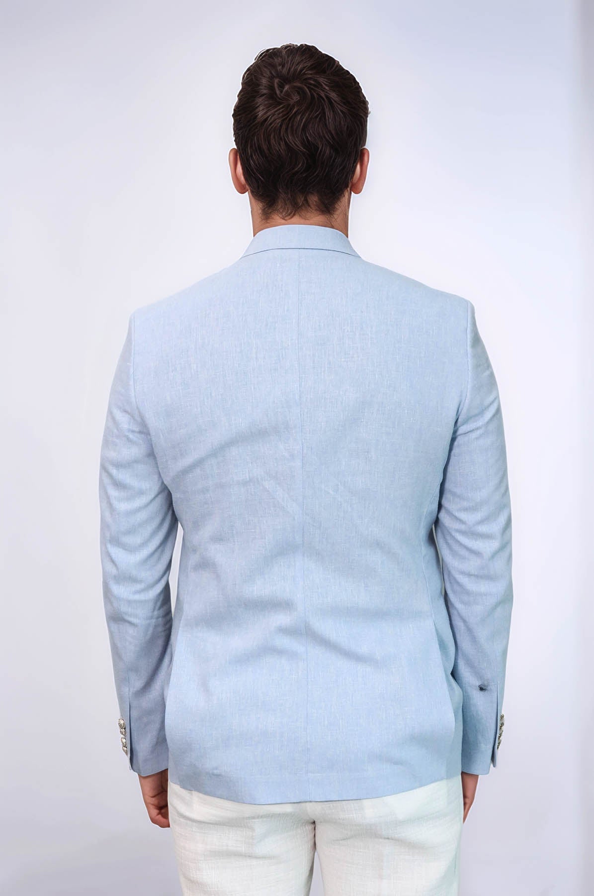 KOALA SYDNEY Light Blue Textured Linen-Feel Gold Metal Button Slim Fit Men's Blazer Jacket