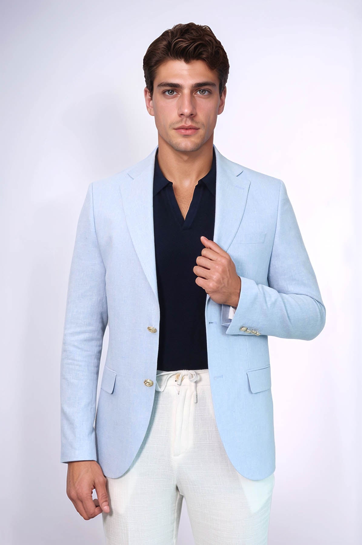 KOALA SYDNEY Light Blue Textured Linen-Feel Gold Metal Button Slim Fit Men's Blazer Jacket