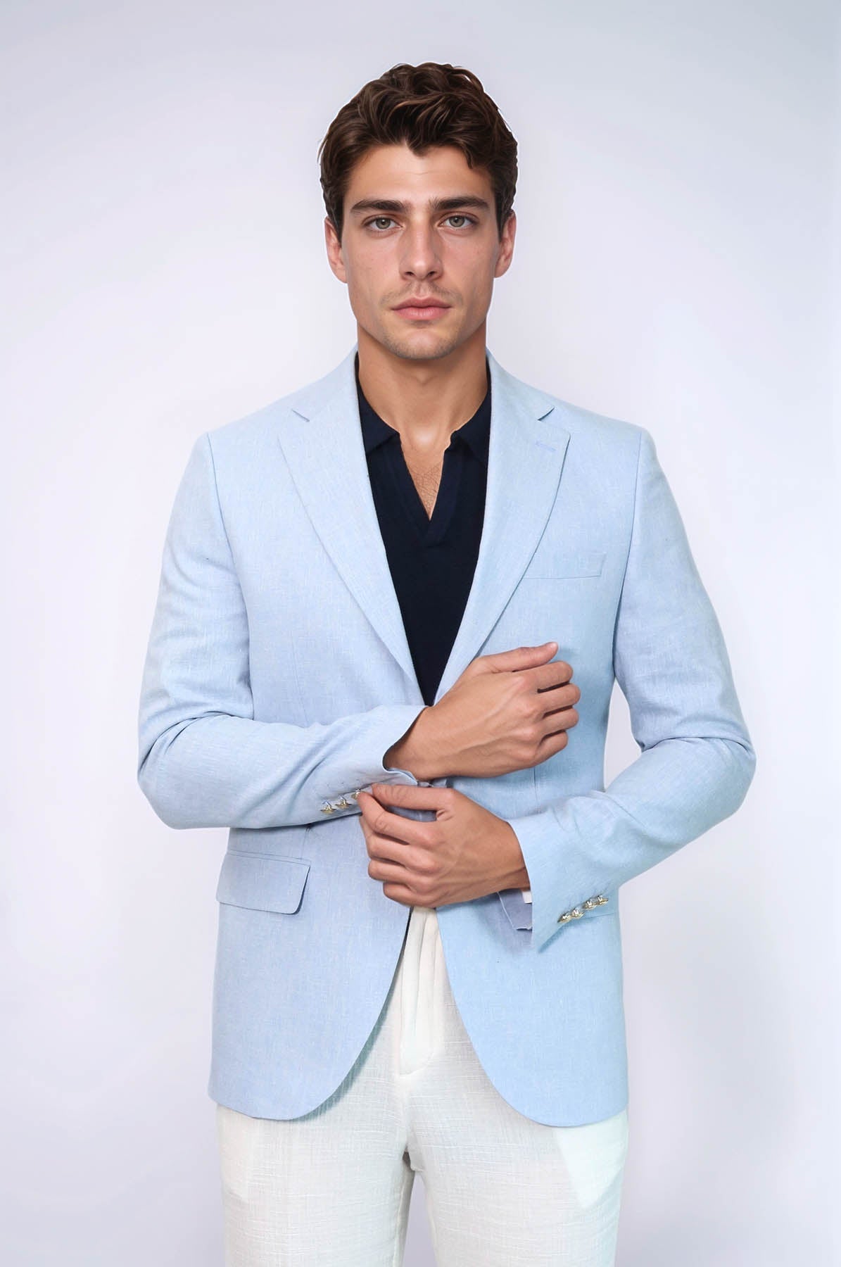 KOALA SYDNEY Light Blue Textured Linen-Feel Gold Metal Button Slim Fit Men's Blazer Jacket